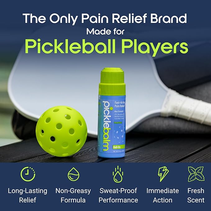 PickleBalm Pickleball In-Game Muscle Pain Relief Roll-On with 4% Lidocaine, Arnica, Menthol, Cucumber Seed Extract for Shoulders, Knees, Wrists, and More, 3.4oz Roll-On Applicator