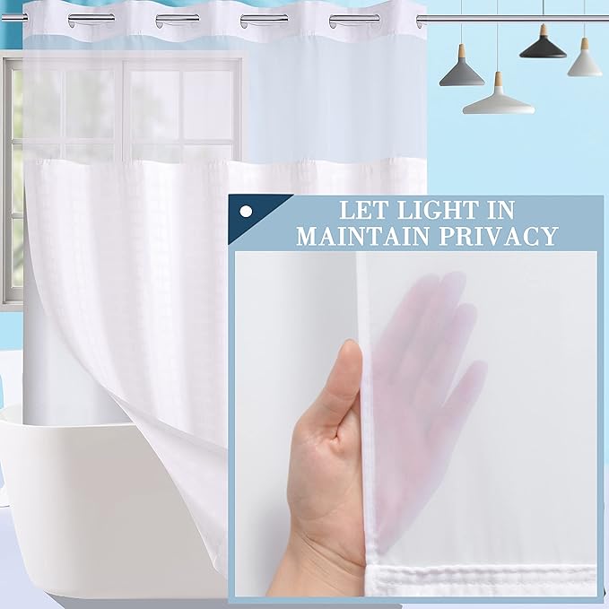 Conbo Mio Extra Long No Hook Shower Curtain with Snap in Liner Set, Hotel Luxury White Fabric Shower Curtains for Bathroom with See Through Top Window, Washable, Waterproof 71W x 84H
