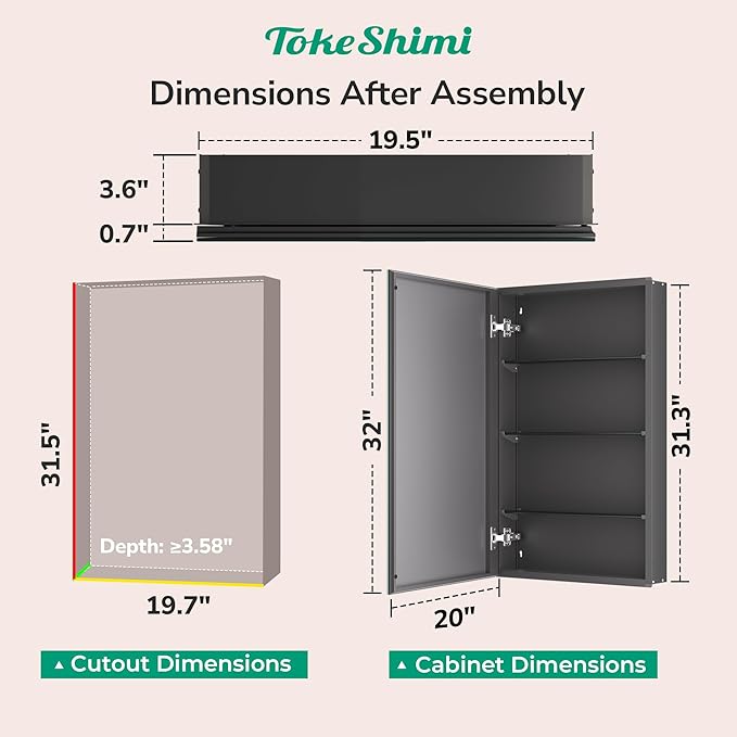 TokeShimi 20 x 32 Recessed Medicine Cabinet Mirror Surface Mount Aluminum, Tempered Frameless Bathroom Mirror with Storage Adjustable, Black Bathroom Wall Cabinet for Vanity Modern