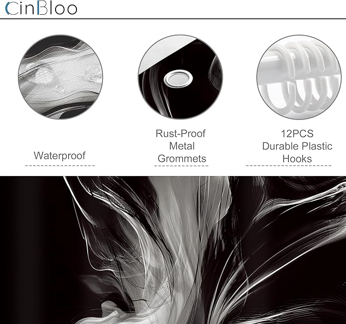 Cinbloo Abstract Black and White 72Wx72H Shower Curtain Modern Ombre Marble Ink Texture Minimalist Simple Unique Contemporary Bathroom Curtain Set Elegant Neutral Bath Bathroom Accessories Decor