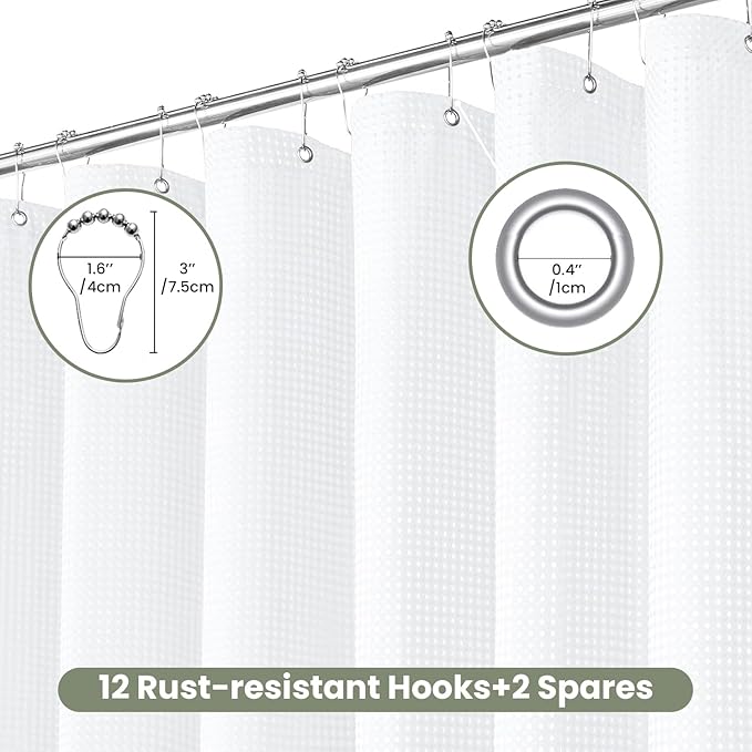 Inhousolu Fabric Shower Curtain Waffle Weave, 230 GSM Heavy Duty, Weighted Hem, 14 Metal Hooks, Water Repellent, Machine Washable, Hotel Spa Luxury Bath Curtain Set, 72 x 84 Inch, White
