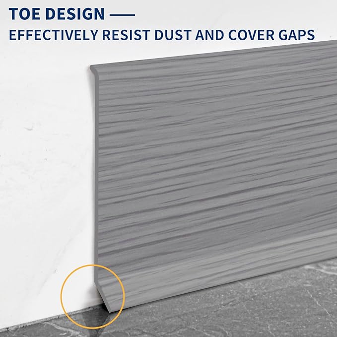 Flexible Baseboard Molding Trim 4 Inch Self-Adhesive Vinyl Wall Base Peel and Stick Cove Base Rubber Wall Baseboard Moulding Trim (100Ft, Light Gray Wood Grain)