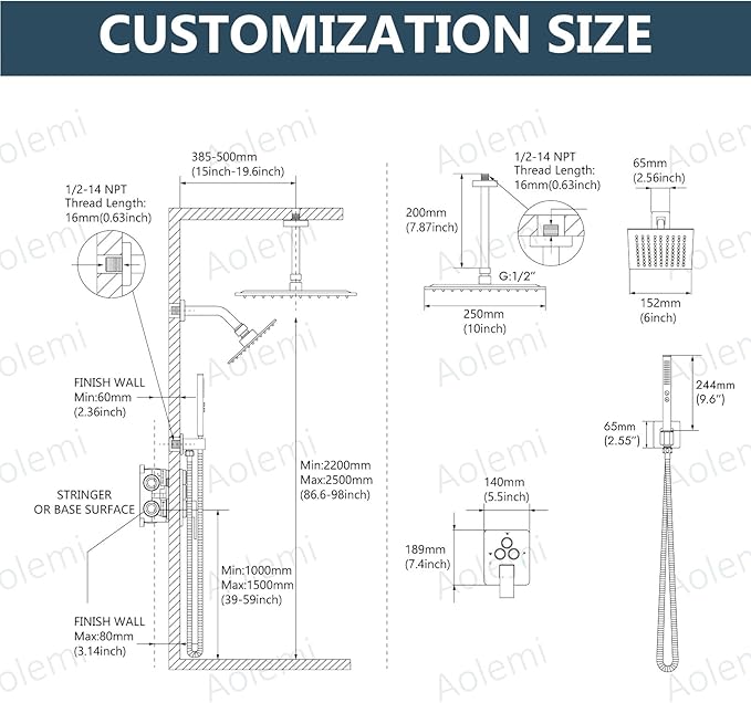 Aolemi Shower Faucet Set Ceiling Mount Shower System Rough-in Valve and Shower Trim Kit 10 and 6 Inch Dual Shower Head 2 in 1 Handheld Spray Push Button Diverter Matte Black