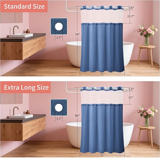 Hookless Shower Curtain with Snap in Liner 71" x 86" Double-Layer Waterproof Polyester Shower Curtain for Bathroom or Hotel Use,Removable Liner,Magnetic Hem,Large Rings,Machine Washable,Navy Blue