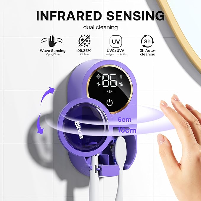 Bitvae Upgraded Tooth Brush Holder for Bathroom 2.0, Infrared Sensing Toothbrush Cleaner, Wall-Mounted for Most Size Toothbrushes, Air Drying, LED Smart Screen, Purple