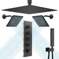 Black Thermostatic Shower System three Shower Heads with 16" Ceiling Mounted Rain Shower Head & 2 x 6" Wall Mounted Head 4 Function Full Body Shower System Can All Run Together