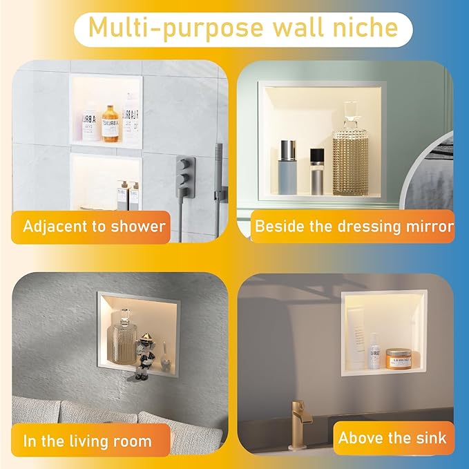Shower Niche 12"x12" ，Lighted Niche for Shower Wall Stainless Steel Waterproof Shelf，Shower Lighting with Bathroom Storage ，Matte White （ 12"x 12"）