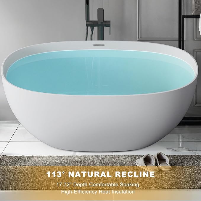 Stone Resin Freestanding Bathtubs,Soklawah 63" Solid Surface Luxury Soaking Tub,Oval Stand Alone Bathroom Bath tub with Drain & Integrated Slotted Overflow,Matte White Elegant Soaker Free Standing Tub