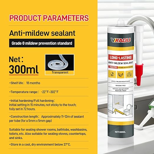 VGS 798 Professional Silicone Sealant Caulk 10.15 Oz Cartridge, 4 Pack - for Kitchen & Bathroom, Clear 100% Waterproof Silicone Sealant, Shrink-Resistant & Crack-Resistant