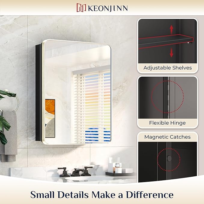 Keonjinn Brushed Nickel Medicine Cabinet for Bathroom, 16 x 24 Inch Medicine Cabinet with Mirror, Silver Stainless Steel Framed, Adjustable Shelves, Recessed or Wall Mount, Sturdy, Rounded Rectangle