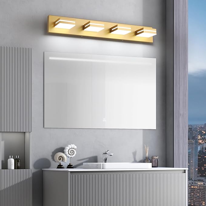 SineRise LED Modern Bathroom Vanity Light Fixtures (4-Light, 30-Inch, Dimmable), Matte Gold Modern Acrylic Bathroom Wall Lighting Fixtures Over Mirror (Cool White 6000K)