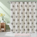 ORTIGIA Linen Green Shower Curtains for Bathroom Neutral Farmhouse Block Print Shower Curtain Set with Metal Hooks Waterproof Aesthetic Retro Fabric Bath Curtain for Home, Weighted, 72x72