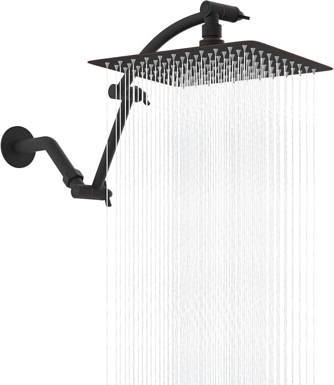 Hibbent All Metal cUPC Certified Rain Shower Head, 10'' High Pressure Rainfall Showerhead with 16" Shower Head Extension Arm, Brass Adjustable Shower Arm Extender, fixed Showerheads, Oil Rubbed Bronze