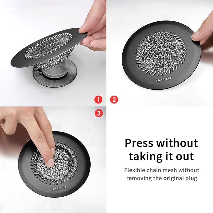 TRAPMATE Shower Hair Drain Catcher, Easy Clean Bathtub Drain Hair Catcher, Fast Drainage Tub Drain Protector, Stainless Steel Shower Drain Cover for US Standard Regular & Pop-up Drain Screen (Black)