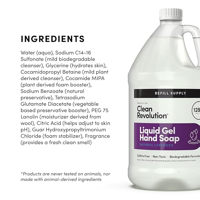 Clean Revolution Liquid Gel Hand Soap, Silky Rich Liquid, Quick Lather, Fast Rinsing, (Natural Lavender) 128 Fl Oz, 4 Pack - Made in USA