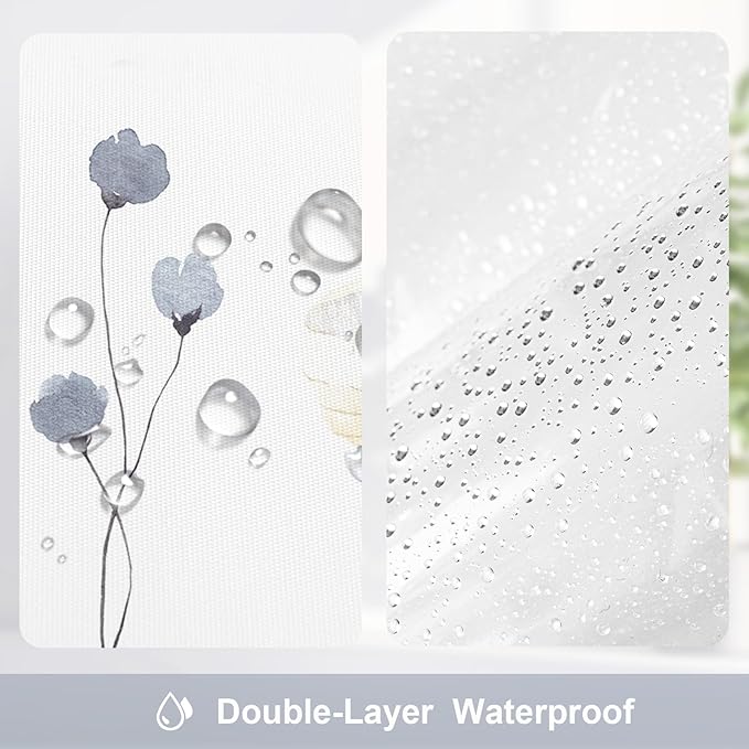 Gibelle 3 in 1 Shower Curtain Set, Grey Watercolor Floral Bath Curtain and PEVA Liner Set with 12 Double Sided Steel Hooks, Waterproof Fabric Bathroom Curtain 72x72