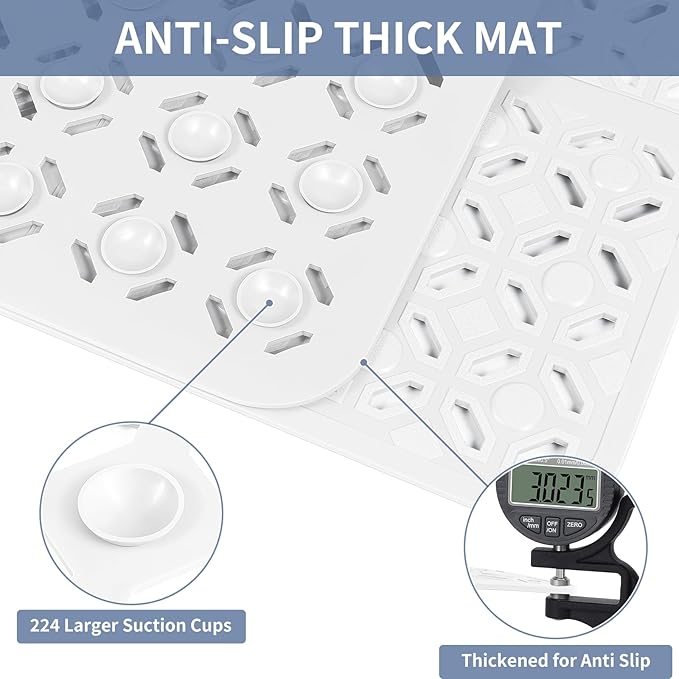 OTHWAY Square Shower Mat, 27"x 27" Extra Large for Inside Shower, TPE Non-Slip Mat With Suction Cups, Drain Holes, Machine Washable Floor Mat (White)