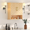 Natural Chevron Pattern Bathroom Wall Mount Cabinet, Gold Accent Hanging Medicine Cabinet with Open Shelf, Over The Toilet Storage Organizer for Home (23 5/8" x 22 7/8" x 15 3/4")