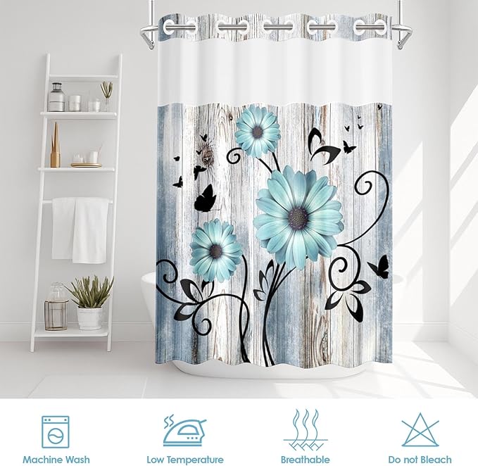 No Hook Teal Flower Shower Curtain with Snap in Fabric Liner Set, Daisy Rustic Farmhouse Double Layers Waterproof Fabric with See Through Top Window Open Grommet Bath Curtain 71x74 Inch