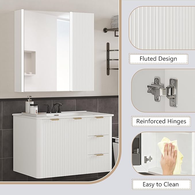 Lighted Bathroom Medicine Cabinet with Mirror，30 x 28 Inch Wall-Mounted Bathroom Wall Cabinet with Storage, LED Lights, Adjustable Shelves,White