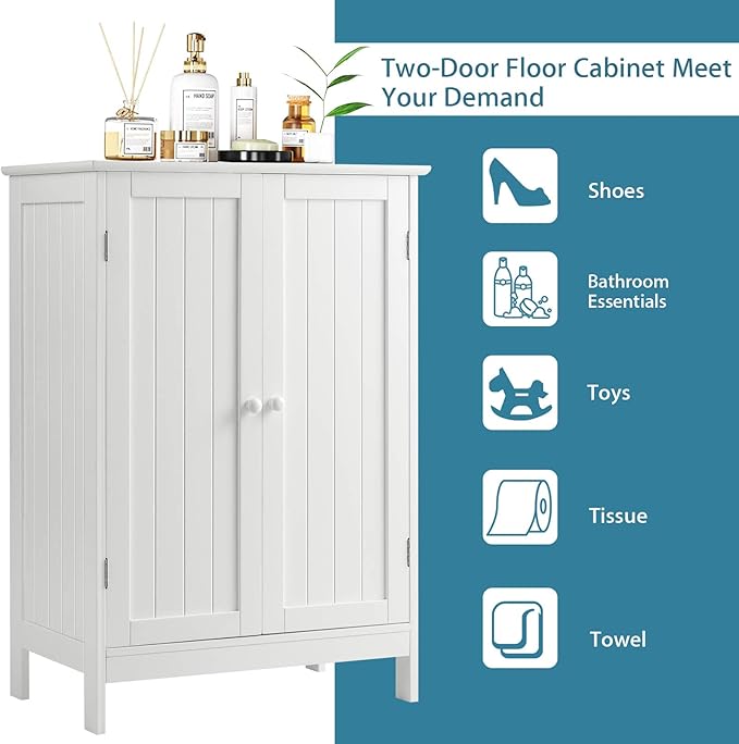 Tangkula Bathroom Floor Cabinet, Freestanding Storage Cabinet with Double Doors and Shelf, Modern Home Furniture, Wooden Home Organizer for Living Room, Bathroom Cabinet, White