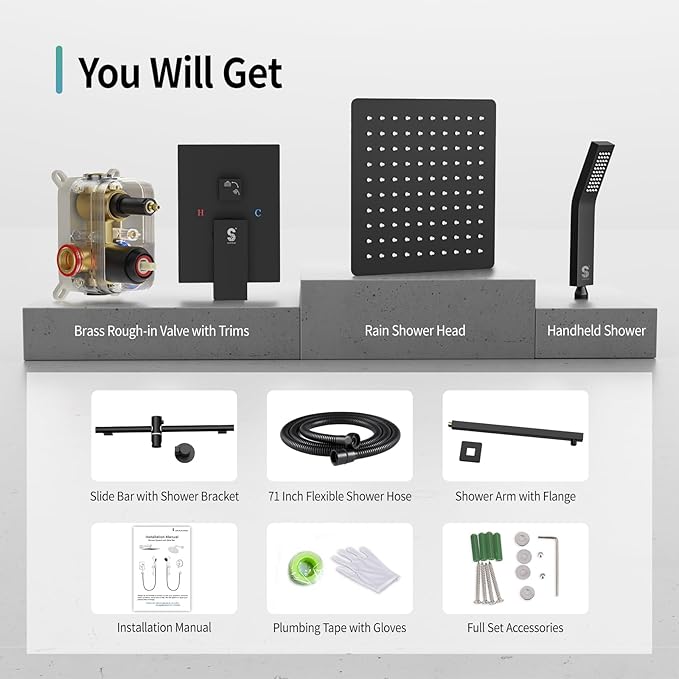 SR SUN RISE 12 Inch Slide Bar Shower Faucet Luxury High Pressure Shower Heads and Handheld Spray Combo Set Wall Mounted Shower System Included Valve and Trim Kit, Matte Black