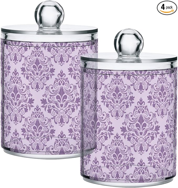 MNSRUU 4 Pack Qtip Holder Organizer Dispenser Purple Morden Floral Bathroom Containers Bathroom Vanity Storage Canister Apothecary Jars for Cotton Swabs/Pads/Floss