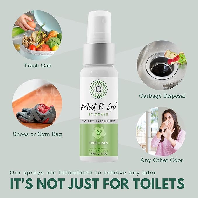 Mist N’ Go by Omaze Travel Bathroom Spray for Toilet Spray Odor Eliminator - Travel Toilet Spray for Bathroom Air Freshener Spray for Bathroom Deodorizer - Fresh Linen Regular Size (2oz x1)