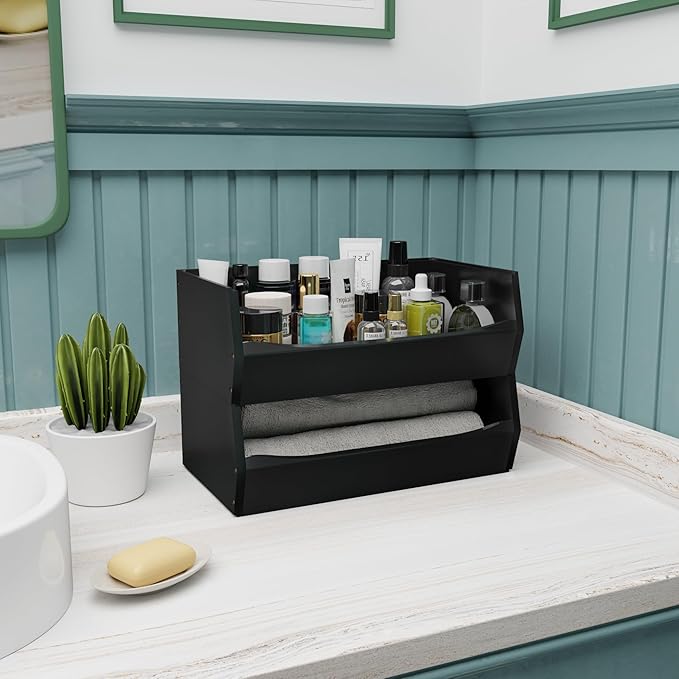 2 Set Open Front Stackable Storage Bins, Bamboo Stacking Storage Bins Food Vegetable Makeup Containers, Organizer Bins for Kitchen, Bathroom, Office, Cabinet, Countertop Storage (Long Black)
