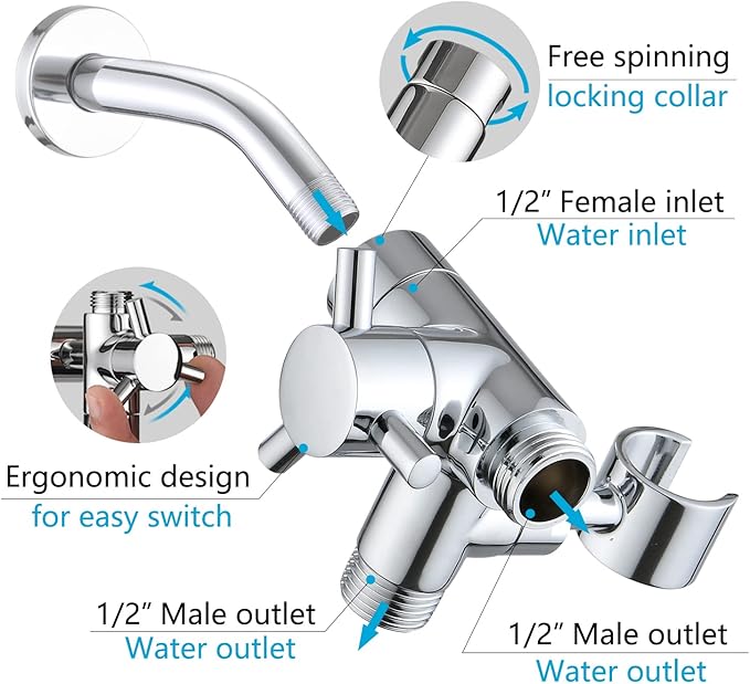 PDPBath Solid Brass 3 Way Shower Arm Diverter Valve with Handheld Holder for Dual Shower Heads with G1/2 Universal Connection - Chrome