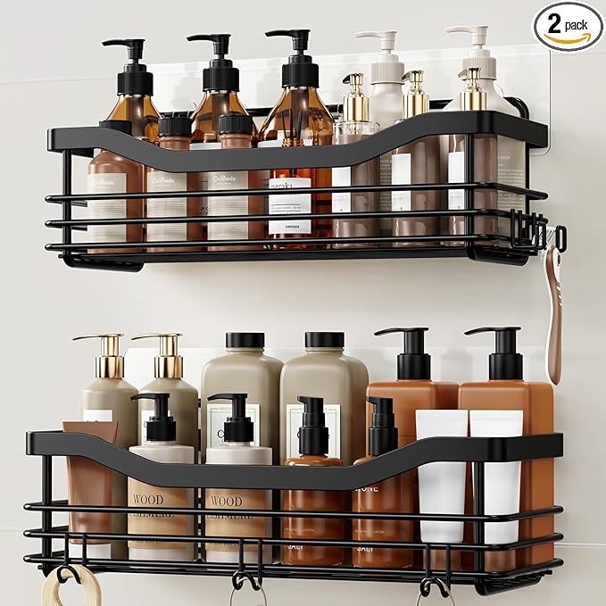 Orimade Adhesive Shower Caddy Shelf with 5 Hooks Organizer Storage Rack Rustproof Wall Mounted Stainless Steel No Drilling for Bathroom, Toilet, Kitchen - 2 Pack,Black