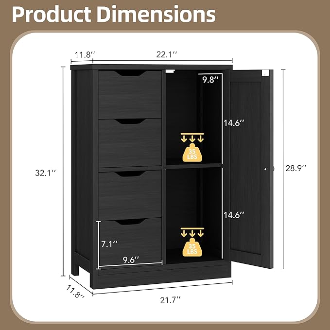 Walsunny Bathroom Floor Storage Cabinet, Wooden Storage Organizer with 4 Drawers and 1 Cupboard, Freestanding Entryway Storage Unit Console Table(Black)