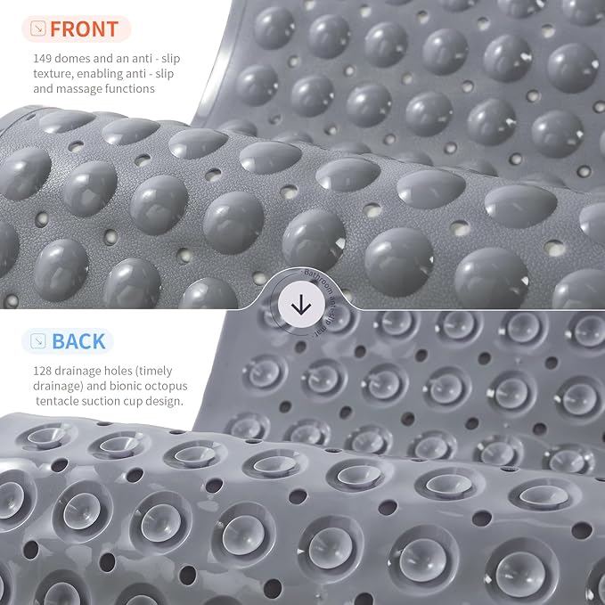 Anti-Slip Bathtub Shower mat, 27.5×14.5（Approximately 70×37cm） inch Soft Oversized Machine Washable Non-Slip Bathtub mat with Drainage Holes, Bathroom Floor Suction Cup.（1-Opaque Gray）