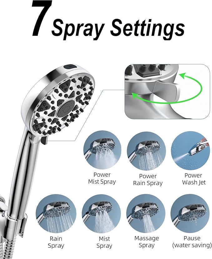 Shower Head With Handheld 7 Settings High Pressure, Built-in Power Wash to Clear Tub, Tile & Pets, 5" High Powerful Hand Held Rain Showerhead with Stainless Steel Hose and Adjustable Bracket