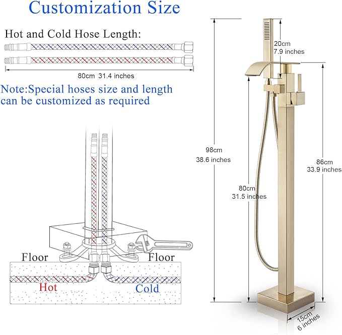 Senlesen Bathroom Tub Filler Faucet Floor Mounted Bathtub Shower Faucet Waterfall Spout Free Standing Tub Mixer Tap with Handheld Sprayer Gold Polished