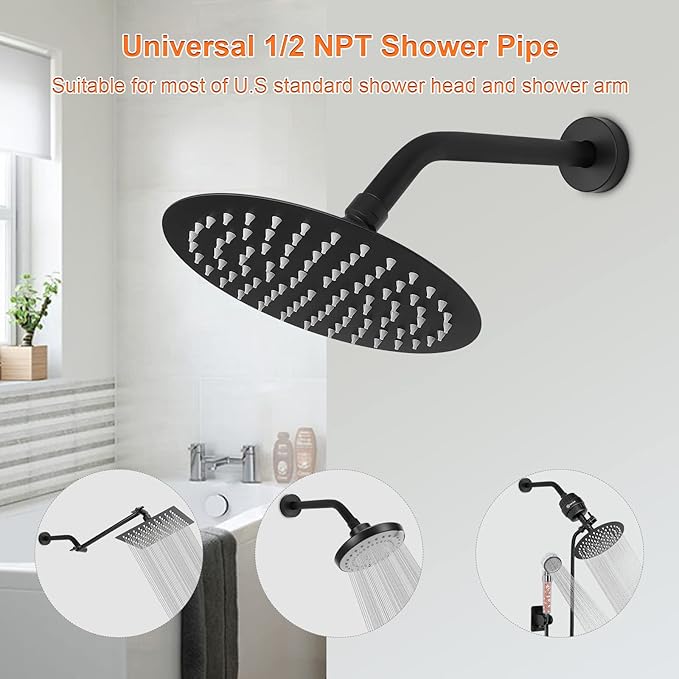 HarJue Shower Arm with Flange and Teflon Tape, Wall Mounted Shower Pipe 304 Stainless Steel Extension Arm for Fixed Shower Head & Handheld (10 Inch, Matte Black)