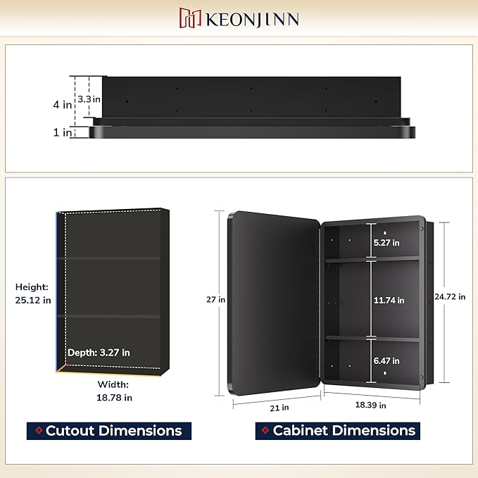 Keonjinn 20 x 26 Inch Black Recessed Medicine Cabinets, Bathroom Mirrored Medicine Cabinet, Gloss Black Stainless Steel Framed, Adjustable Shelves, in Wall or Surface Mount, Sturdy & Heavy, Farmhouse