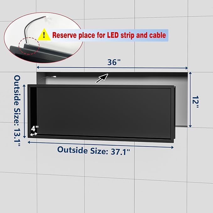 RGB LED Light Shower Niche, Matte Black 36X12 in Stainless Steel Wall Niche with Remote Control, Waterproof No Tile Needed Wall Niche for Bathroom Storage Over Mount Installation