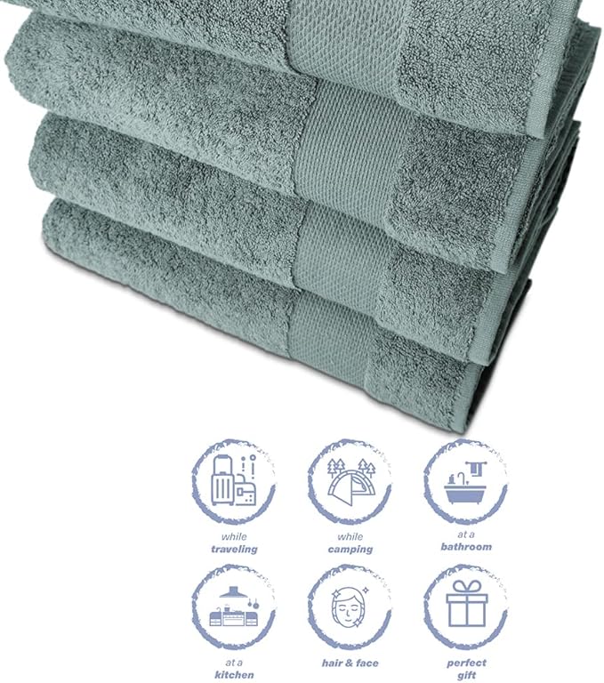 Hencely Premium Bath Towel Set of 4-28x58 Inches - High Absorbency, Quick Drying - 100% Soft Turkish Cotton Towels - Ideal for Home, Bathroom, Hotel, Spa, and Gym - Dark Green
