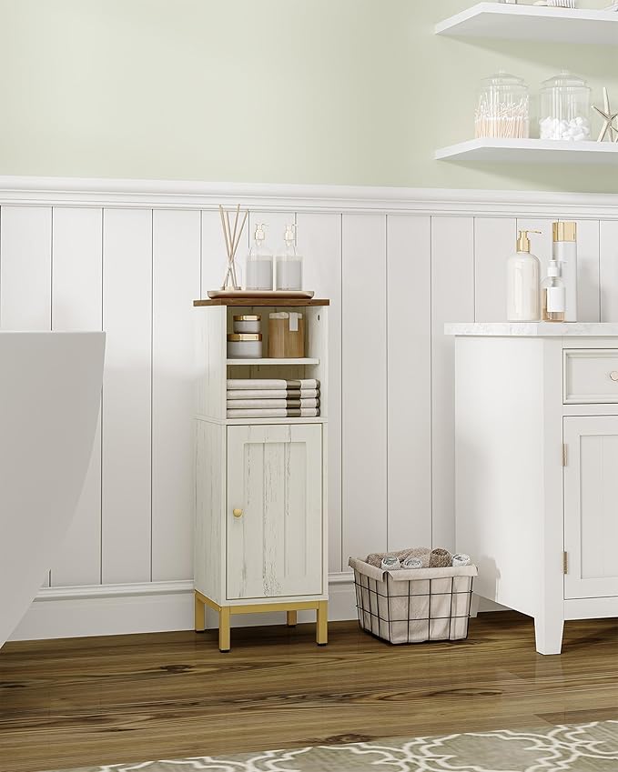 Bathroom Storage Cabinet, Corner Floor Cabinet with Shelves, Customized Door Opening Direction, Bathroom Organizer with Adjustable Shelf for Kitchen, Living, Toilet Paper Cabinet, White Brown