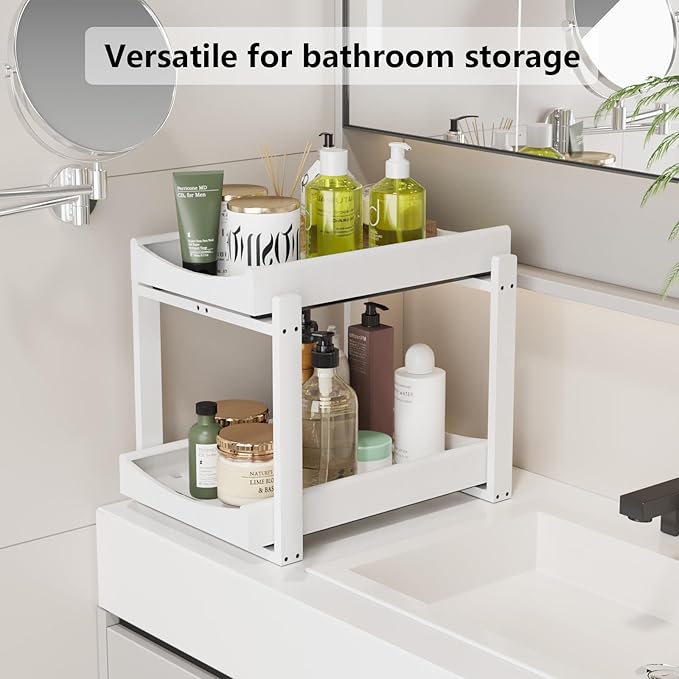 Bamboo Under Sink Organizer Adjustable Height 2 Tier Bathroom Organizer Pull Out Cabinet Storage Kitchen Heave Duty Wood Slide Ou Shelf for Kitchen Bathroom (White, 1 Pack)