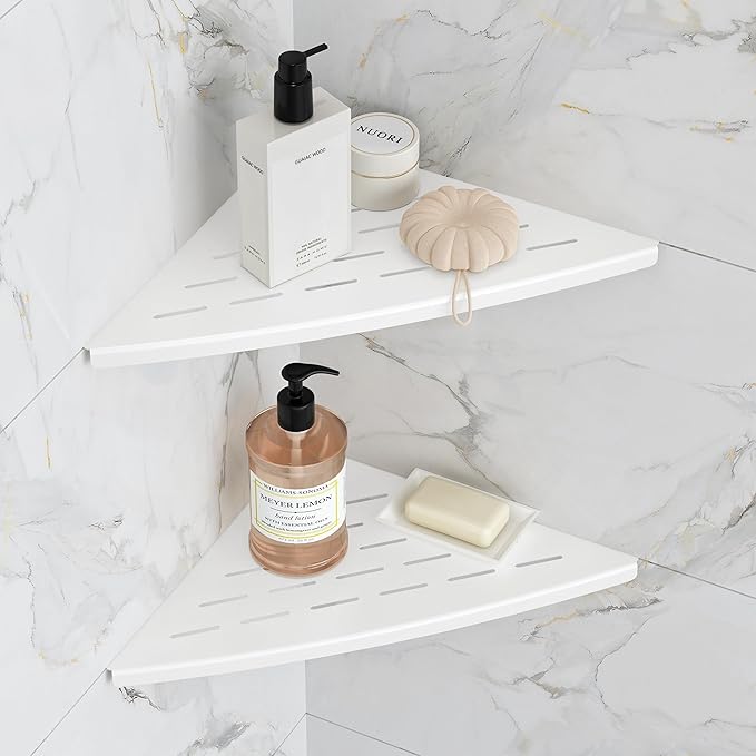 Corner Shower Shelf Matte White, 304 Stainless Steel 11.5” Recessed Corner Shelf Bathroom for Tiled Wall, Floating Shower Shelves Shampoo Holder, No Drilling, 2 Pack