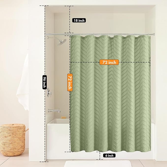 Green Boho Woven Fabric Tufted Chervon Textured Modern Minimalist Neutral Striped Waterproof Shower Curtain 72 x 72 Inches
