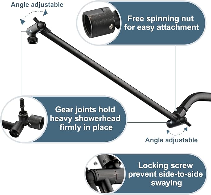 BRIGHT SHOWERS 15 Inch Extra Long Shower Head Extension Arm, Solid Brass Shower Arm Extender with Locking Screw for Rain and Handheld Showerhead, Height & Angle Adjustable, Oil-Rubbed Bronze