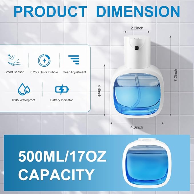 Automatic Liquid Soap Dispenser with 500ml /17oz Capacity, Touchless Soap Dispenser with 4 Level Adjustable, Rechargeable, Wall-Mounted, Waterproof for Kitchen, Bathroom, Hotel, Restaurant
