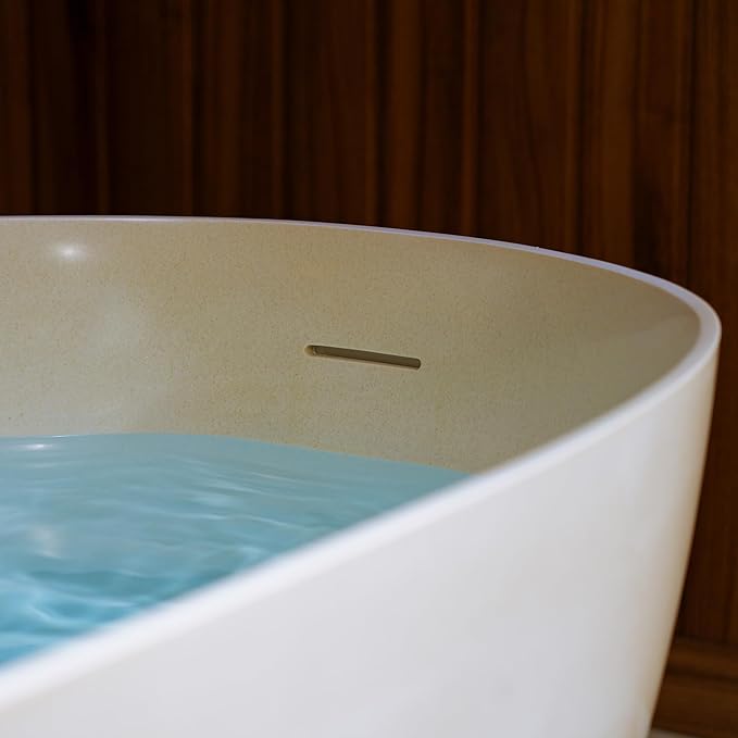 WOODBRIDGE 69" L x 32" W Stone Resin Luxury Contemporary Solid Surface Freestanding Soaking Bathtub in Cream with 2-Drain Covers Included