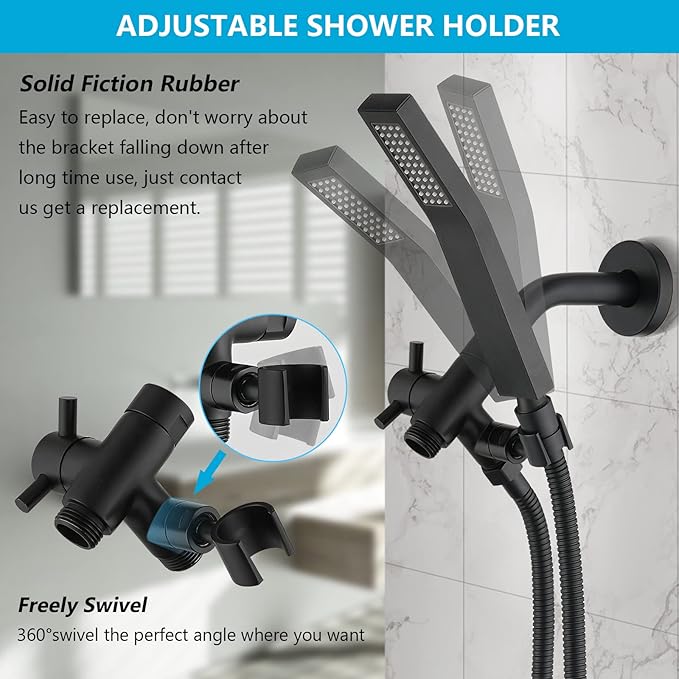 PDPBath Solid Brass 3 Way Shower Arm Diverter Valve with Handheld Holder for Dual Shower Heads with G1/2 Universal Connection - Matte Black