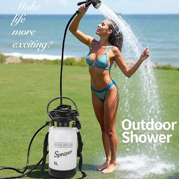 Portable Camping Shower, 5l Auto Manual Pressure Shower Pump with 360 Rotating Nozzle, Flow Adjustment Knob & Anti Slip Handle, Versatile Use for Hiking, Travel, Pet Bath