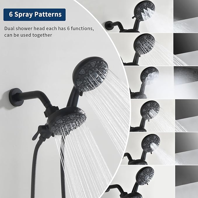 2 Handle Shower Faucet Set with Tub Spout and Shower Head Combo, Matte Black, Wall Mounted, 2 Handles, Brass, Complete Bathtub Shower Trim Kit