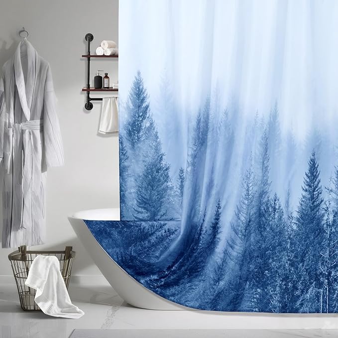 ORTIGIA 78 Inch Blue Misty Forest Shower Curtain for Bathroom, Nature Woodland Shower Curtain Set with Hooks, Decorative Pine Tree Fog Magic Bath Curtain, Waterproof Fabric, Weighted, 72x78